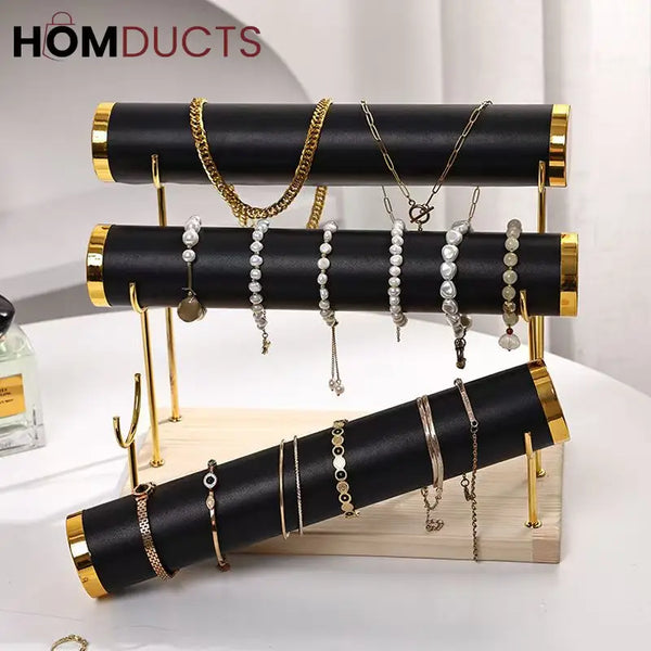 3-Tier Velvet Bracelet & Bangle Display Stand – Elegant Jewelry Organizer with Gold Accents & Wooden Base