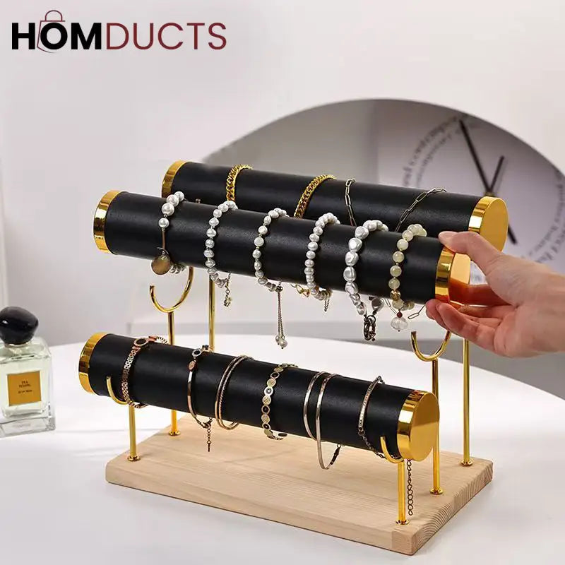 3-Tier Velvet Bracelet & Bangle Display Stand – Elegant Jewelry Organizer with Gold Accents & Wooden Base