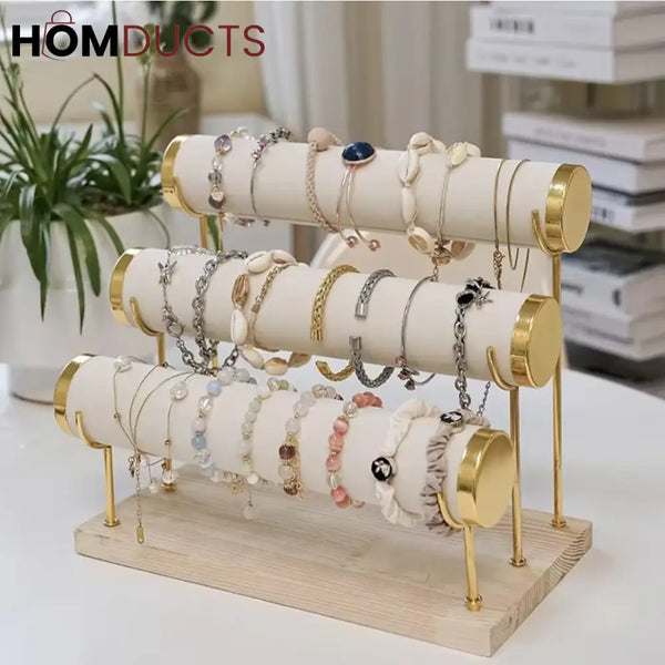 3-Tier Velvet Bracelet & Bangle Display Stand – Elegant Jewelry Organizer with Gold Accents & Wooden Base