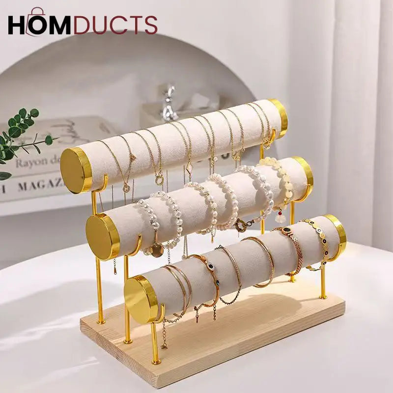 3-Tier Velvet Bracelet & Bangle Display Stand – Elegant Jewelry Organizer with Gold Accents & Wooden Base