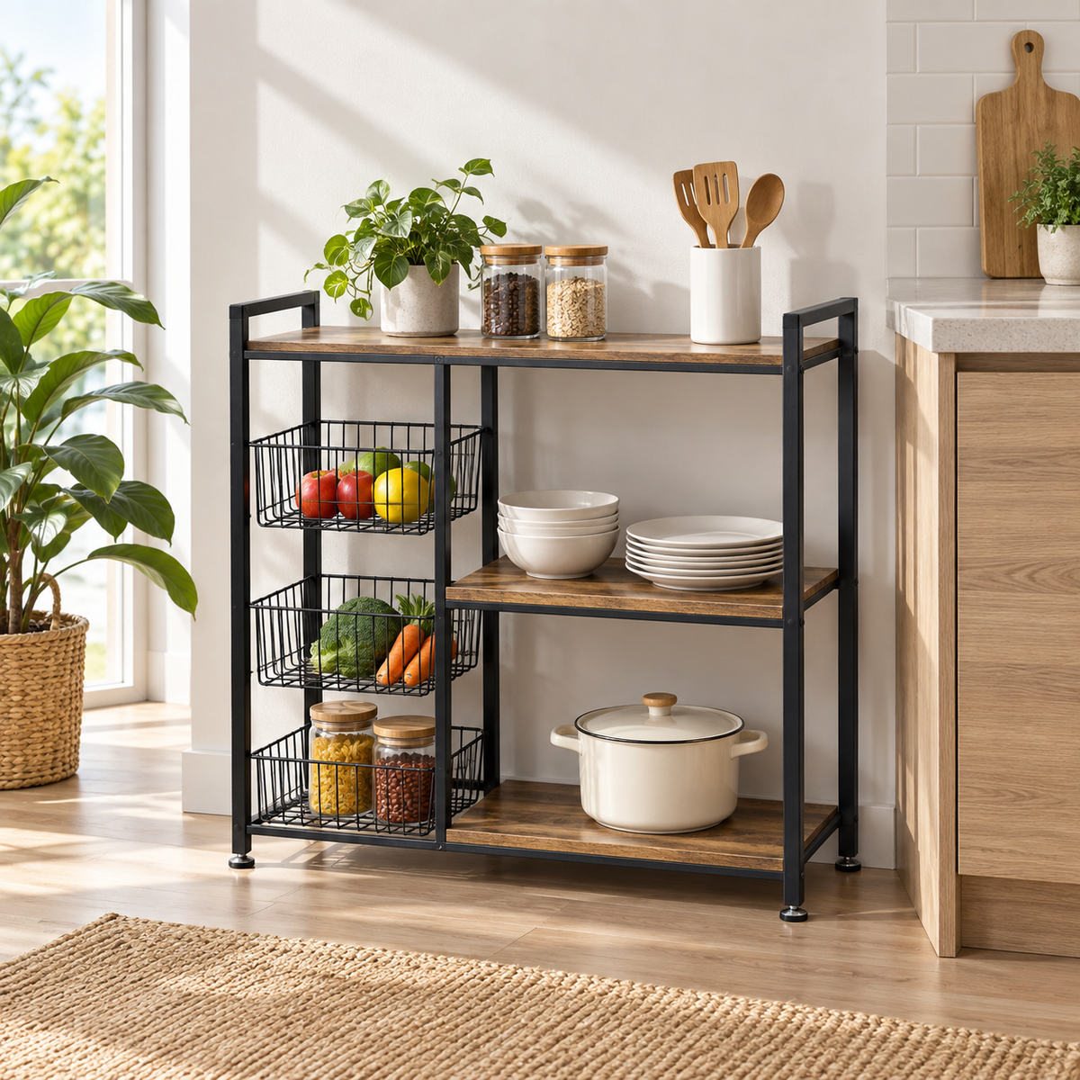 3-Tier Wooden Kitchen Storage Shelf with Mesh Baskets – Utility Organizer Rack