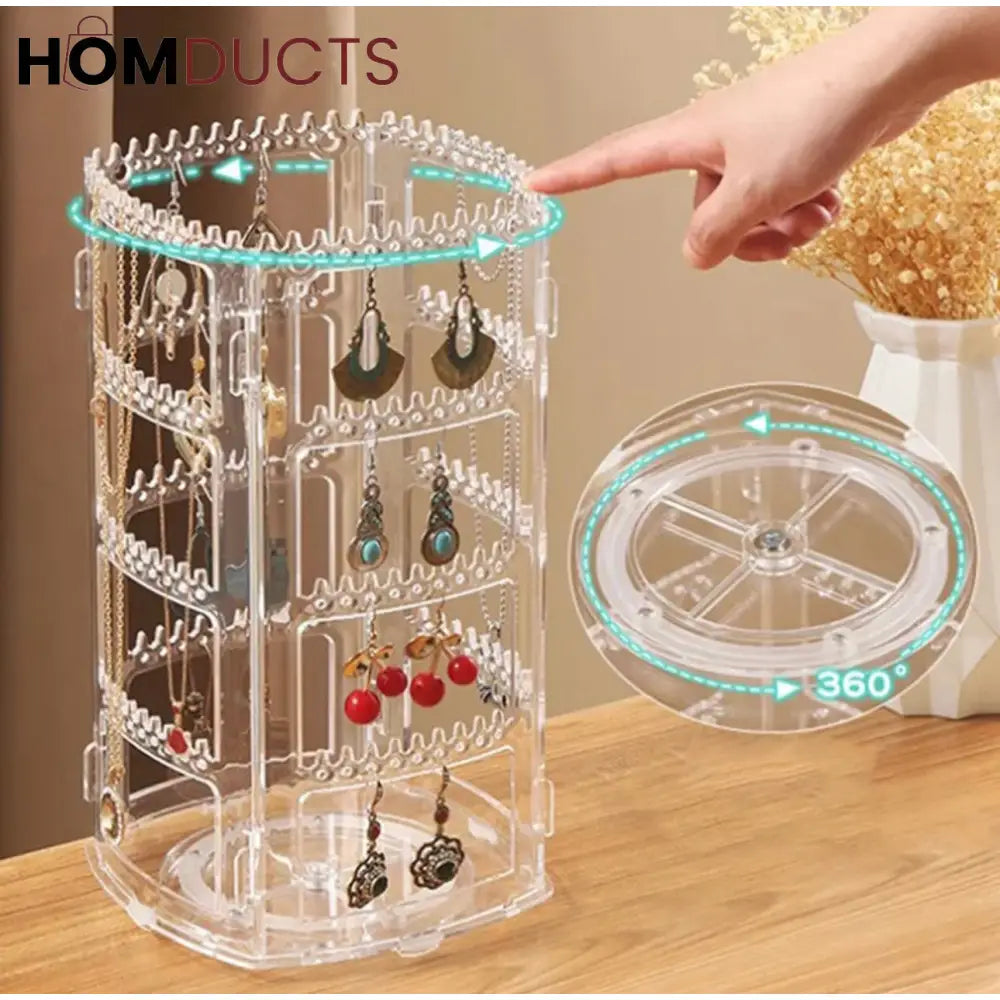360° Luxe Rotating Jewelry Organizer – Transparent Acrylic Earring & Necklace Display Stand