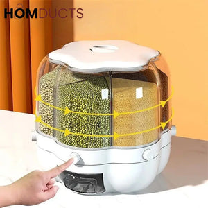 Push-button grain dispenser with arrows illustrating rotation