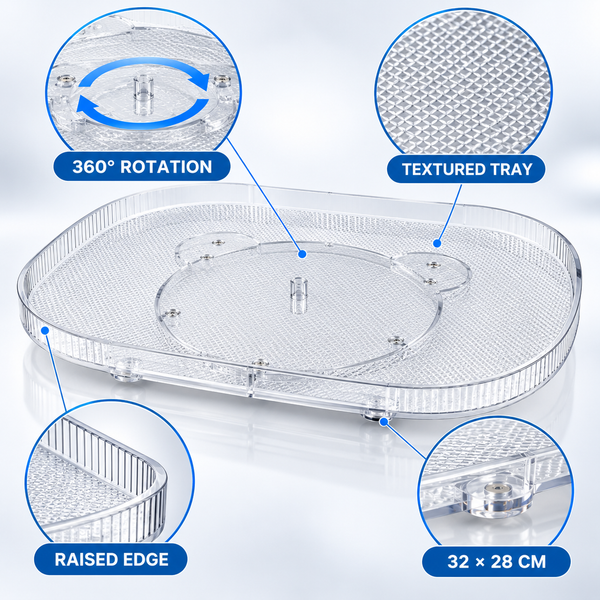 Clear rotating refrigerator organizer tray features and 32 by 28 cm dimensions