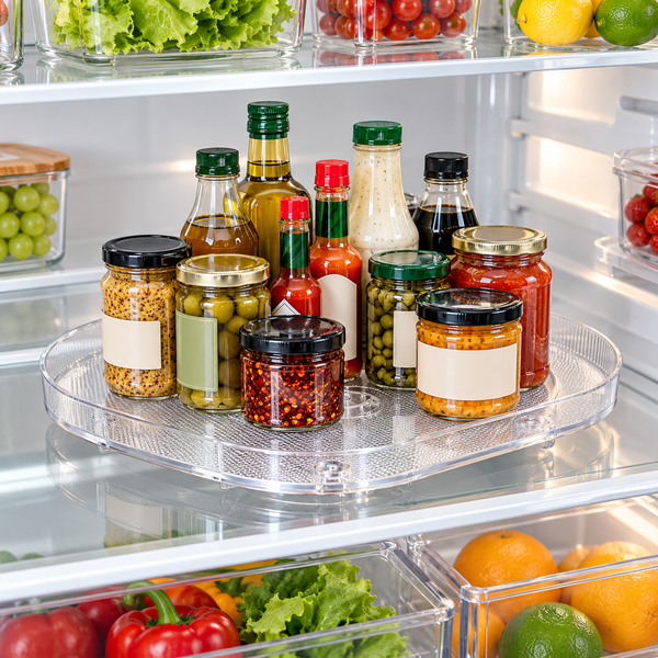 Clear 360 degree rotating refrigerator organizer tray with condiments