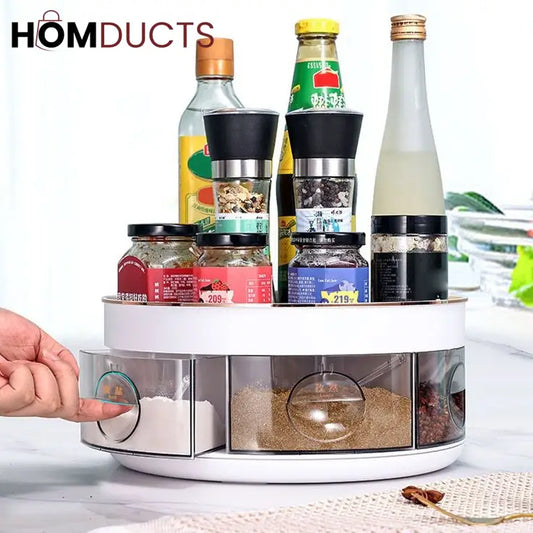 360° Rotating Spice Rack Organizer with Pull-Out Drawers – Kitchen Condiment and Seasoning Storage Carousel