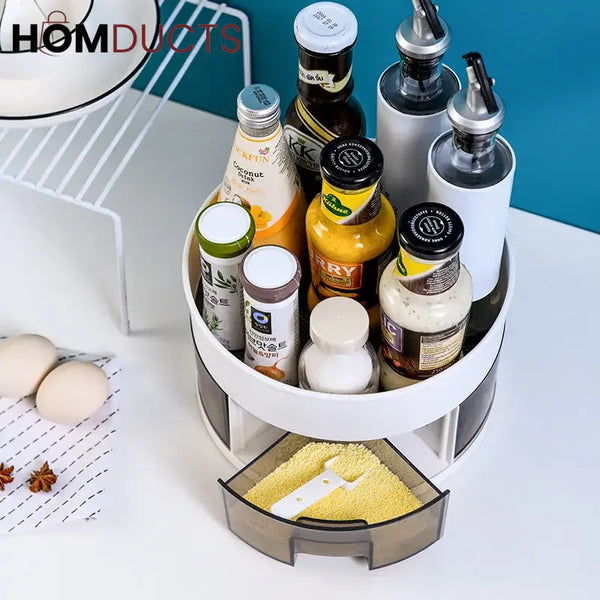 360° Rotating Spice Rack Organizer with Pull-Out Drawers – Kitchen Condiment and Seasoning Storage Carousel
