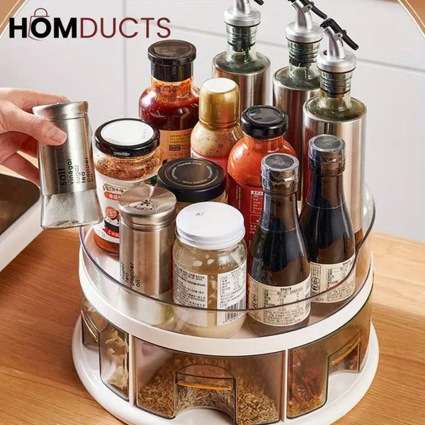 360° Rotating Spice Rack Organizer with Pull-Out Drawers – Kitchen Condiment and Seasoning Storage Carousel