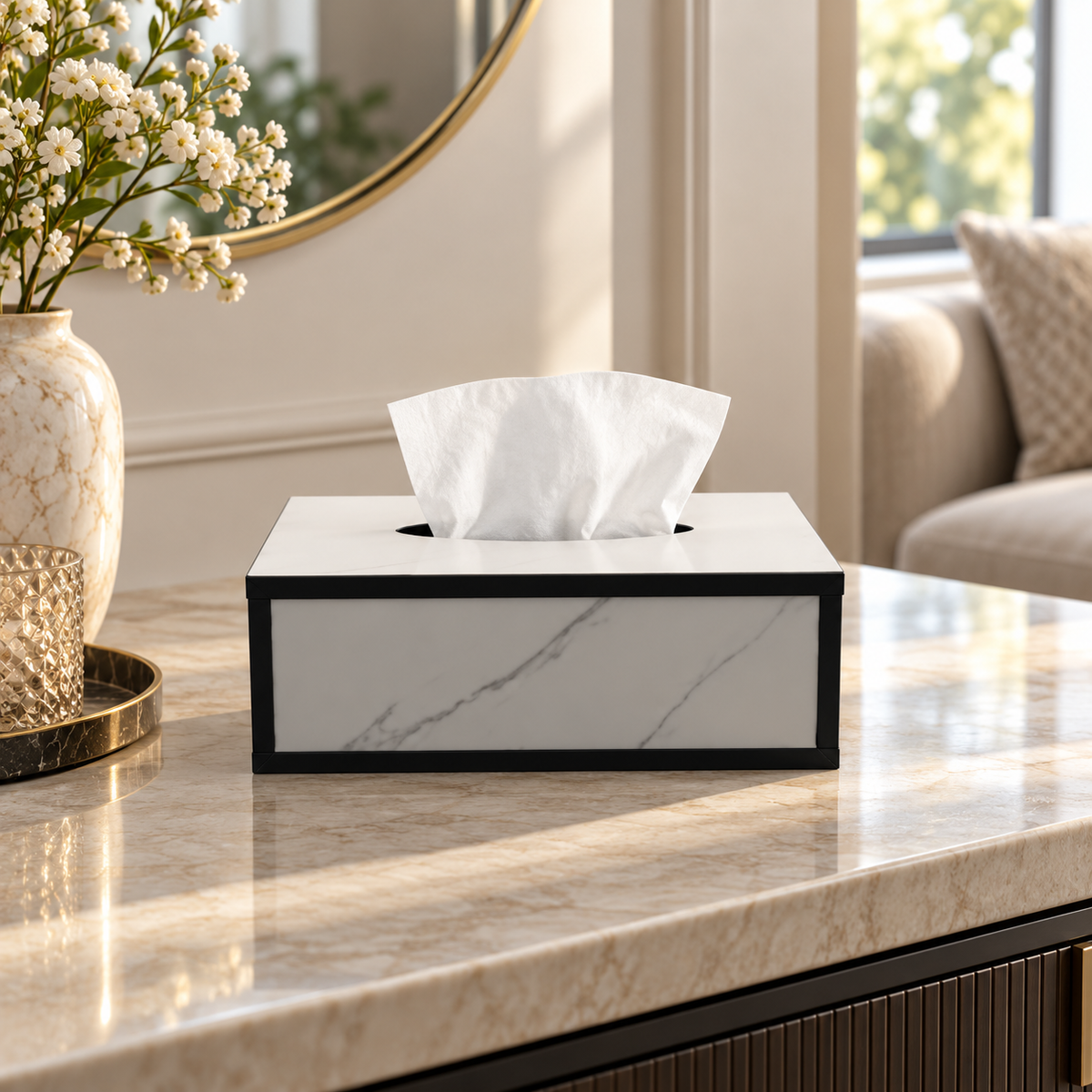 Marble-Panel Decorative Tissue Box Cover - Beige