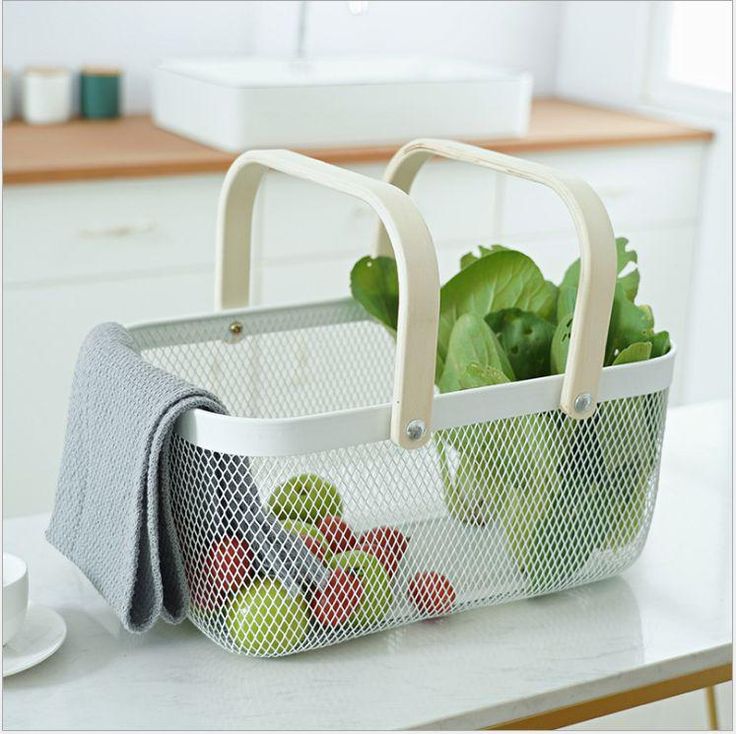 Large Metal Mesh Fruit and Vegetable Basket with Wooden Handles – Modern Kitchen Counter Storage Organizer