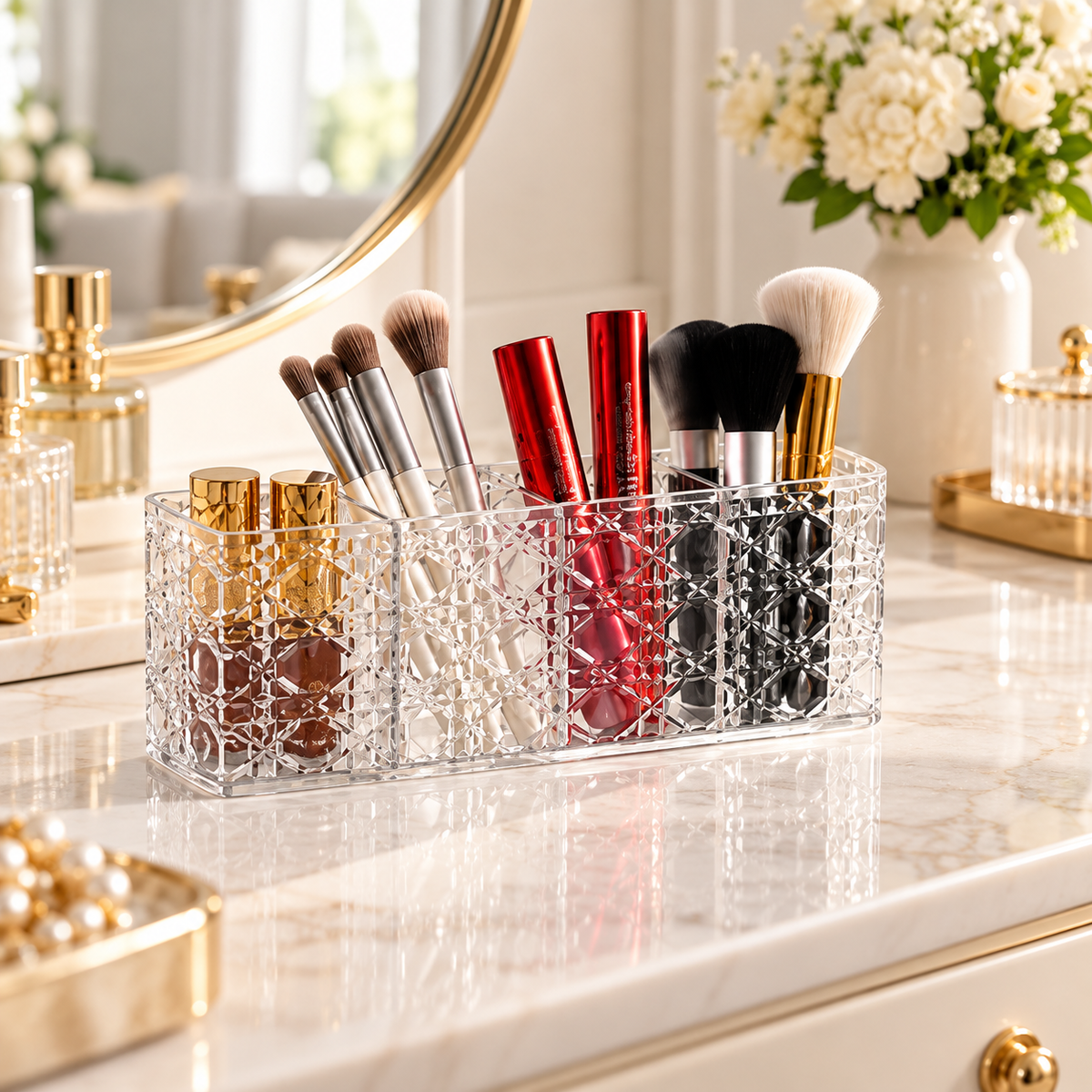 4-Compartment Clear Acrylic Makeup Brush Holder