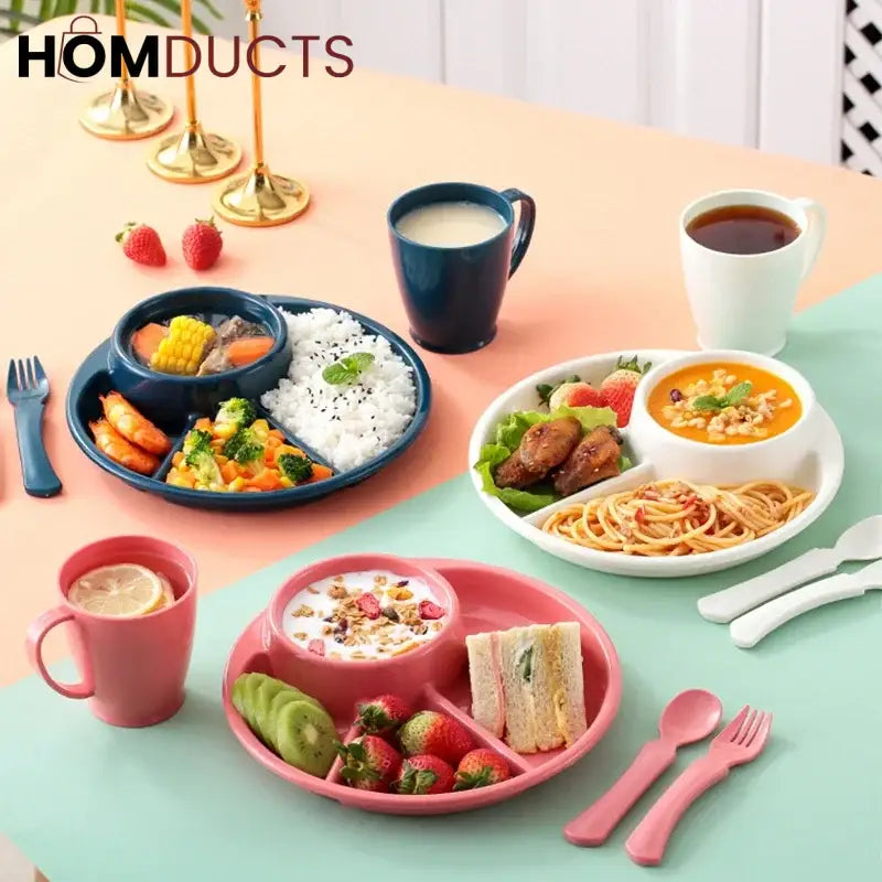 4 Compartment Round Plastic Dinner Plate With Fork Spoon Microwave safe