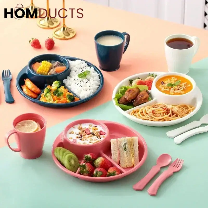 4 Compartment Round Plastic Dinner Plate With Fork Spoon Microwave safe