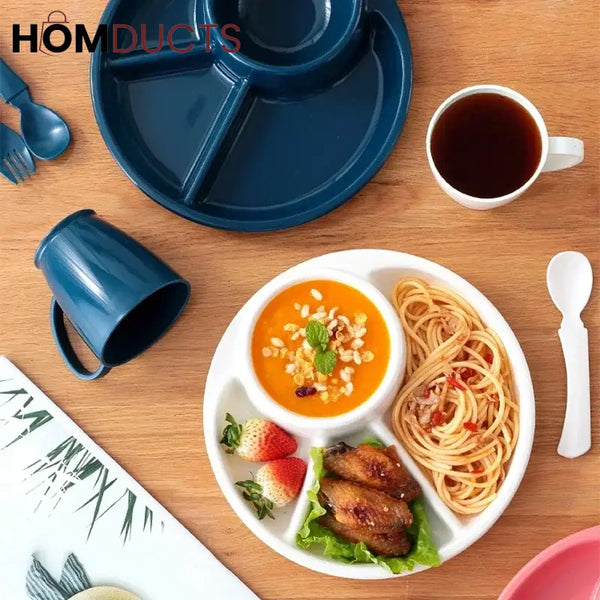 4 Compartment Round Plastic Dinner Plate With Fork Spoon Microwave safe