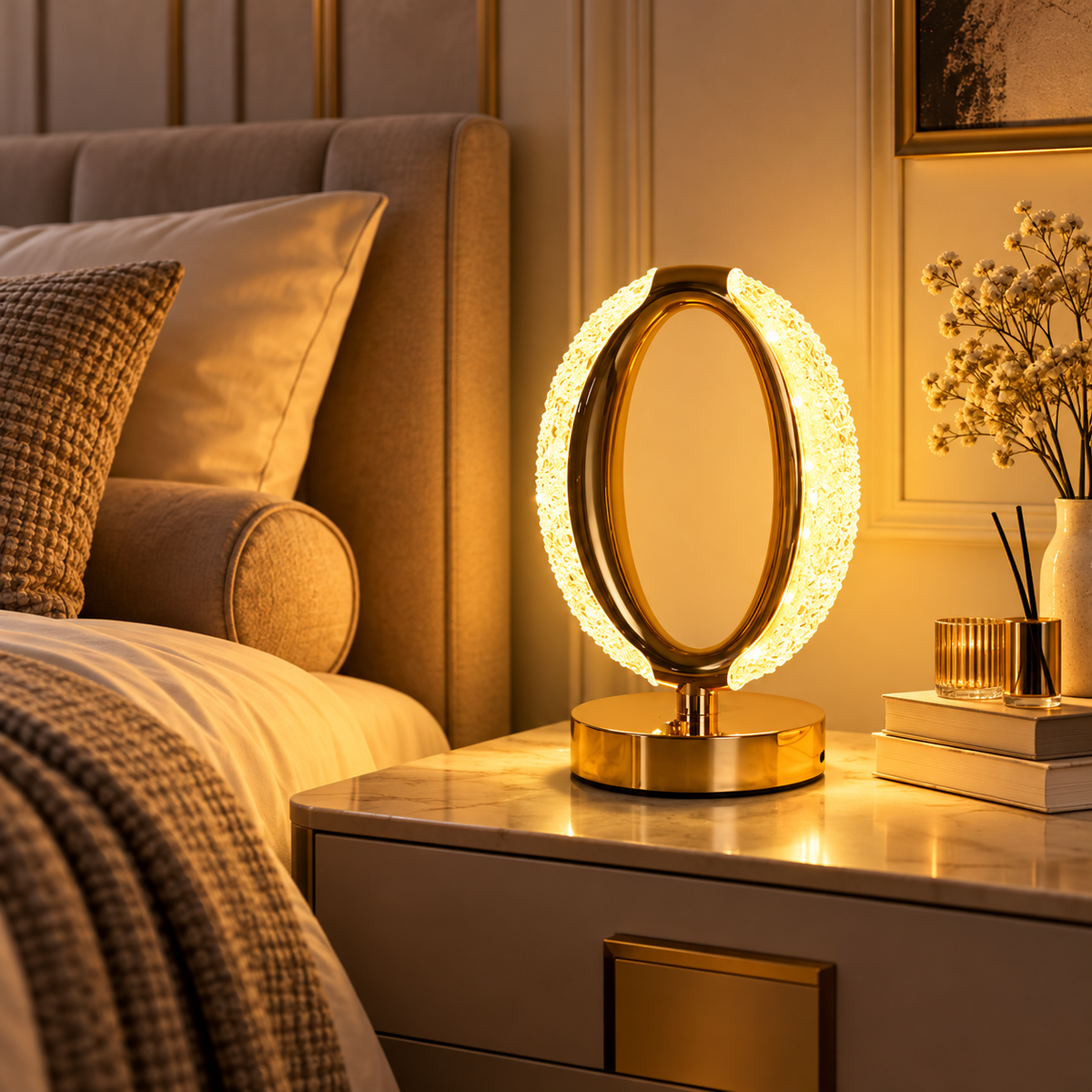 Oval Crystal LED Touch Table Lamp with Gold Base