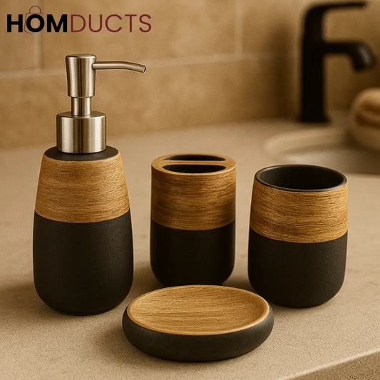 4-Piece Black & Wood Ceramic Bathroom Set – Rustic Modern Finish