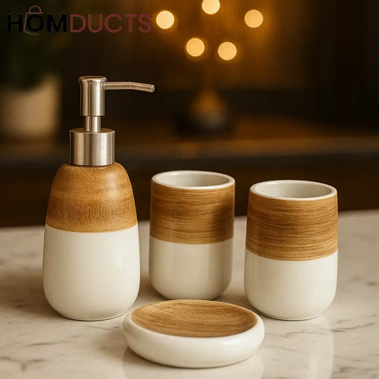 4-Piece Ceramic Bathroom Set with Wood Finish – Minimalist Design
