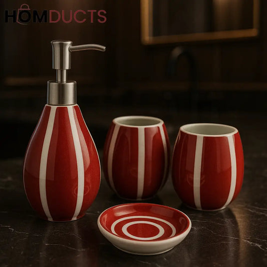 4-Piece Red & White Ceramic Bathroom Set – Luxury Stripe Edition