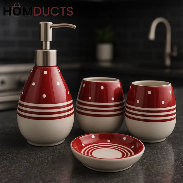 4-Piece Red & White Ceramic Bathroom Set – Polka Dot Design