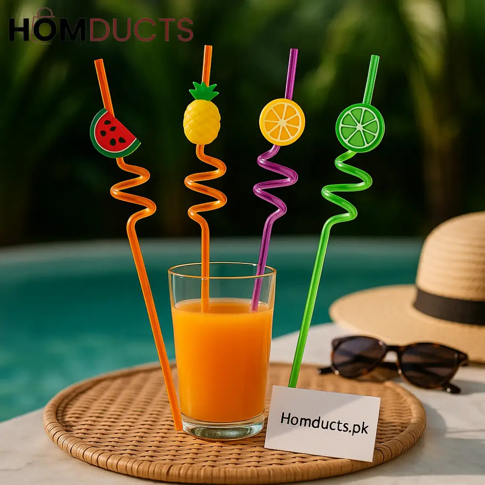 4 Piece Spiral Fruit Topped Drinking Straws – Reusable Colorful Party Straws