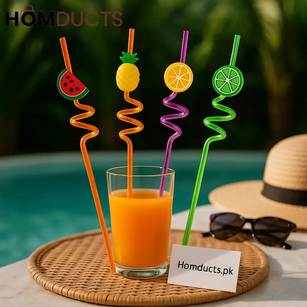 4 Piece Spiral Fruit Topped Drinking Straws – Reusable Colorful Party Straws