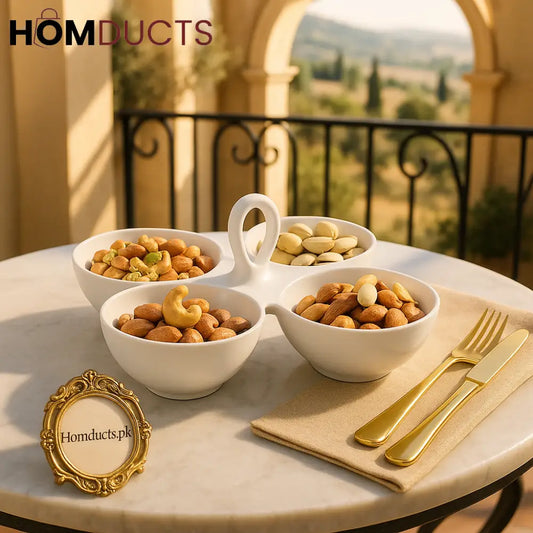 4-Section Ceramic Nut & Snack Server with Handle – Elegant White Sharing Bowl