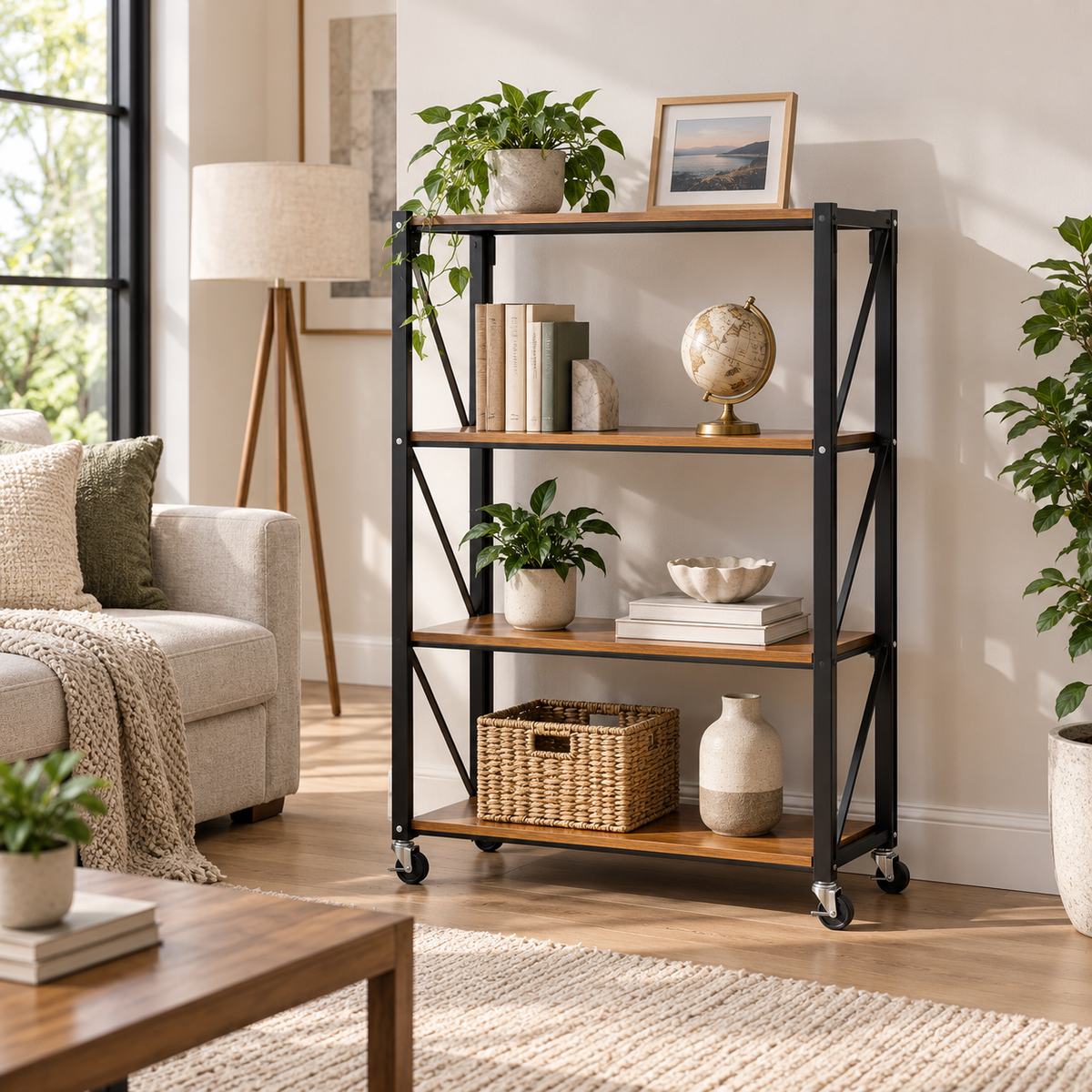 4-Tier Large Folding Storage Shelf – Wooden & Metal Organizer Rack