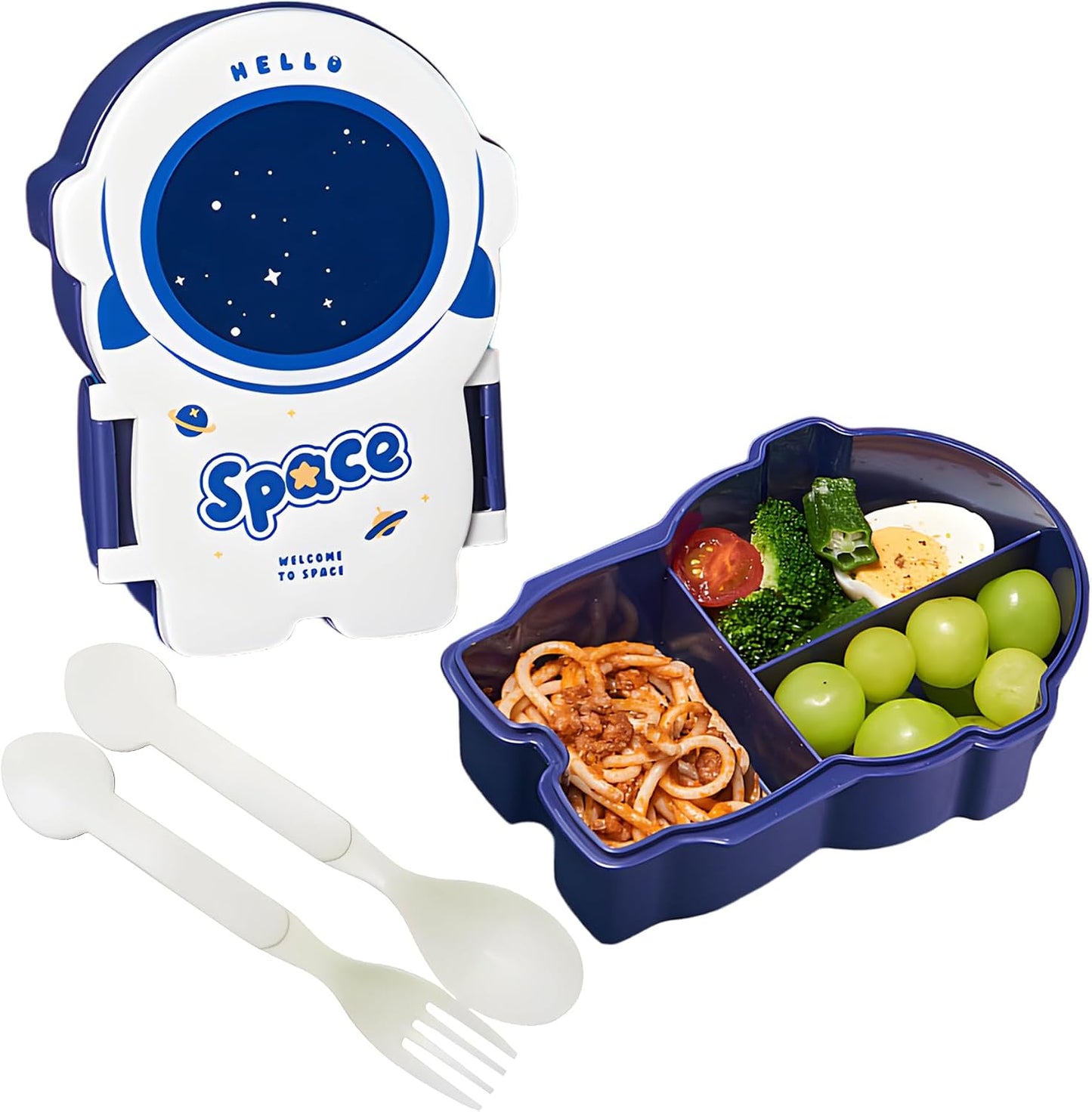 Kids Astronaut Space Lunch Box with 3 Compartments, Spoon & Fork – Leak-Resistant School Bento Box