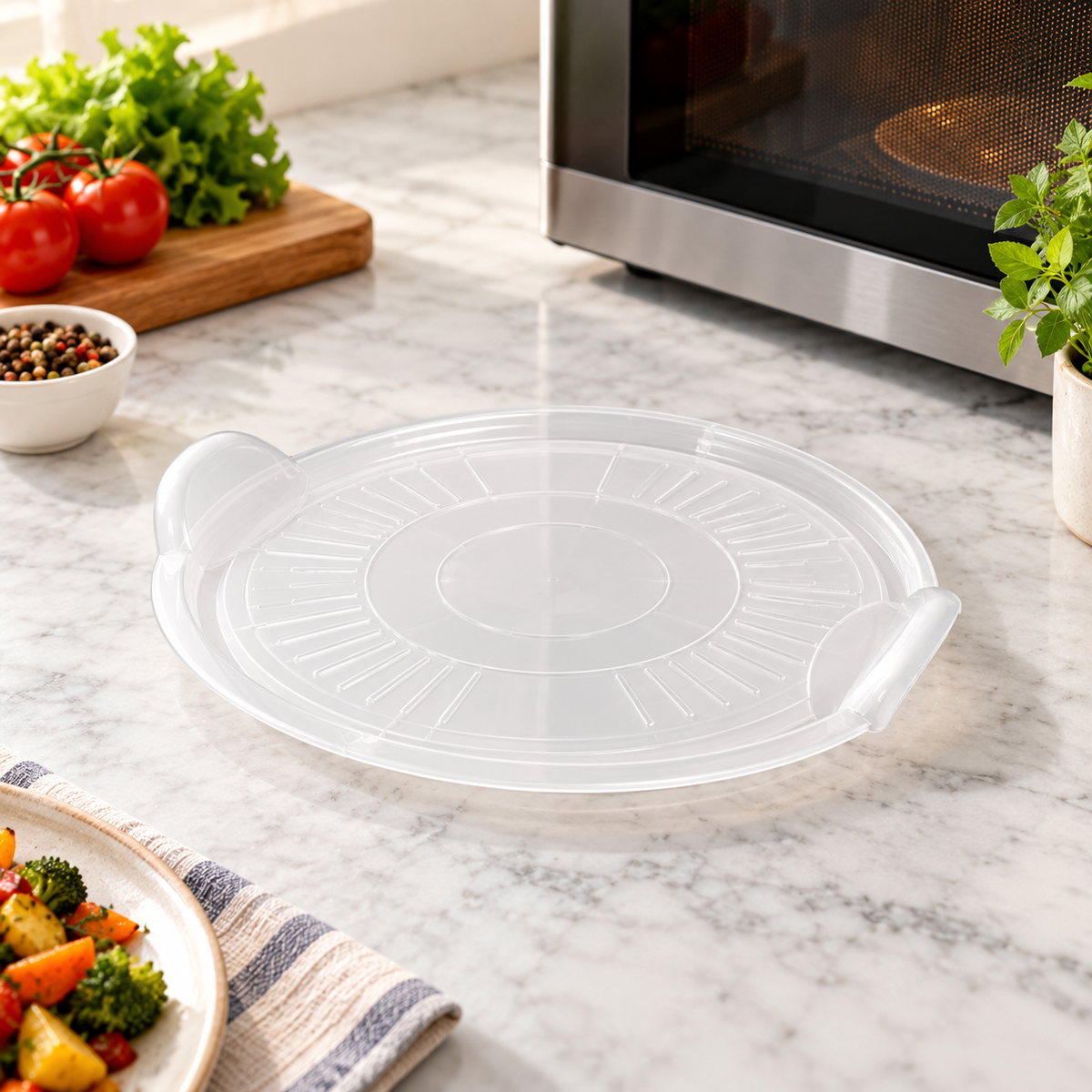 Double Lock Round Microwave Serving Tray in a premium lifestyle setting