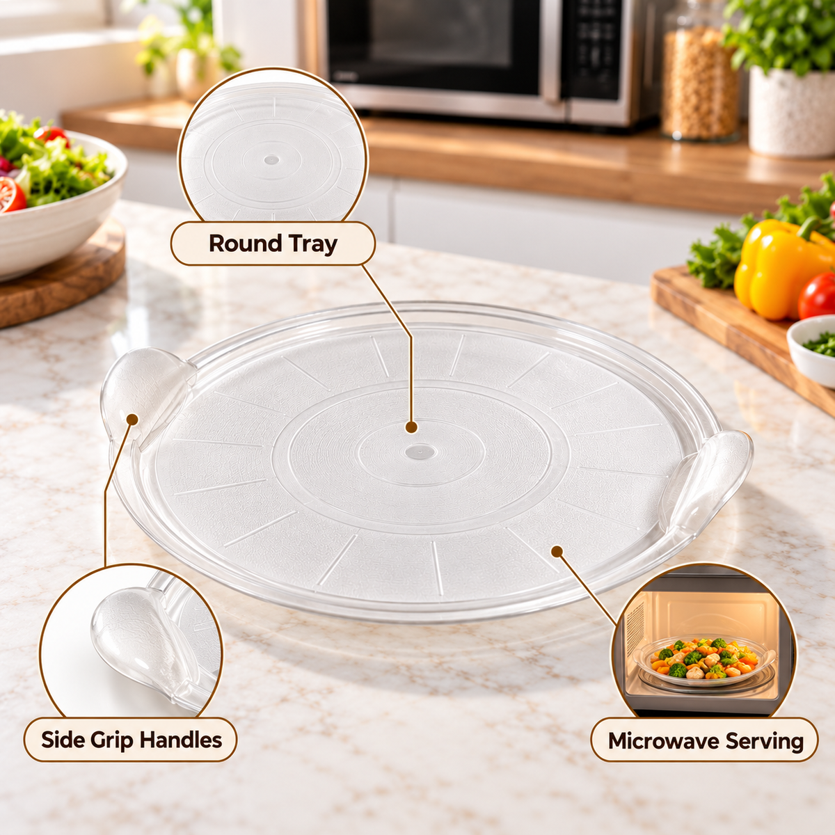 Double Lock Round Microwave Serving Tray – Large feature infographic