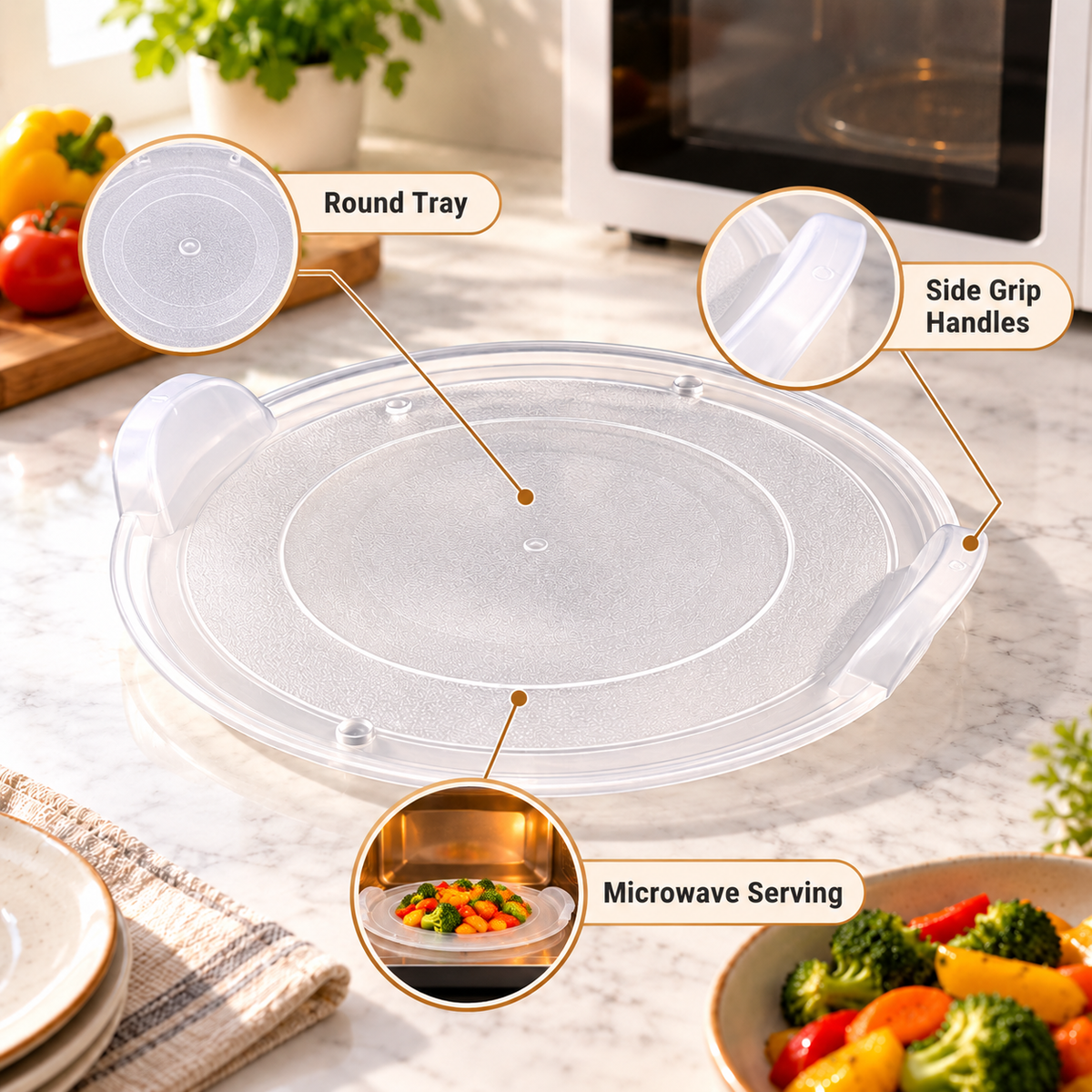 Double Lock Round Microwave Serving Tray – Extra Large feature infographic