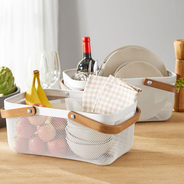 Large Metal Mesh Fruit and Vegetable Basket with Wooden Handles – Modern Kitchen Counter Storage Organizer