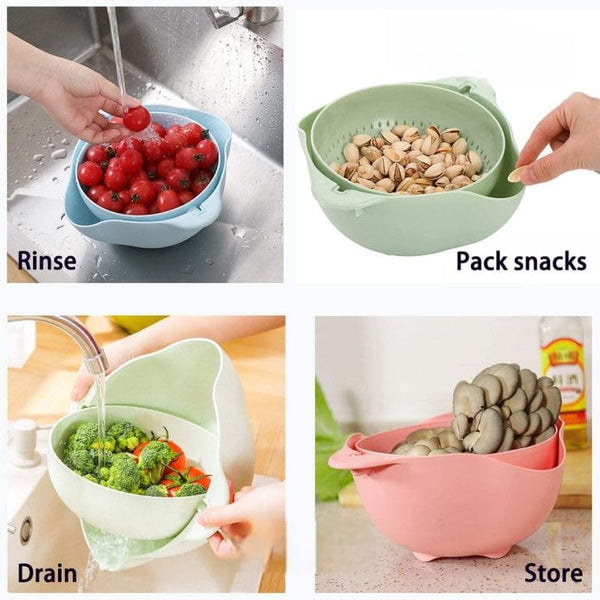 2-in-1 Plastic Washing Bowl with Strainer Colander – Vegetable & Fruit Draining Basket (23cm)-(Random colours)