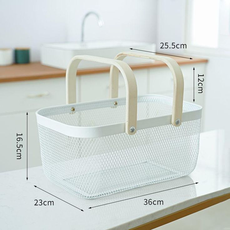 Large Metal Mesh Fruit and Vegetable Basket with Wooden Handles – Modern Kitchen Counter Storage Organizer