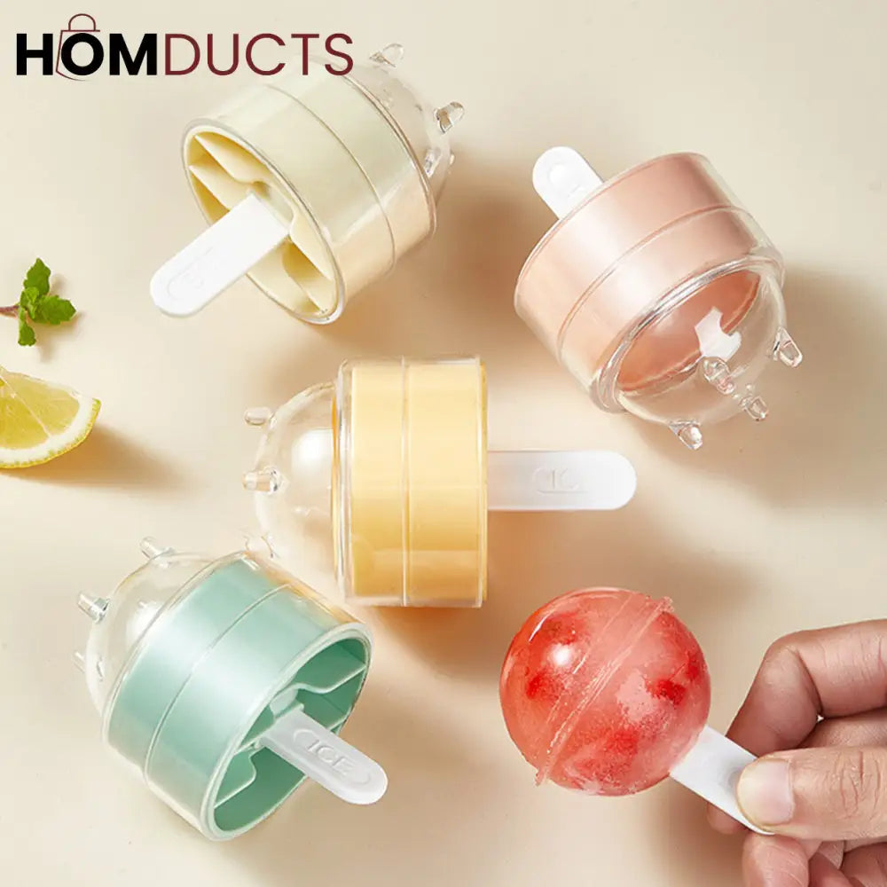 4pcs Round Ice Pop Molds – Reusable Sphere Popsicle Maker with Lids & Sticks for Homemade Frozen Treats