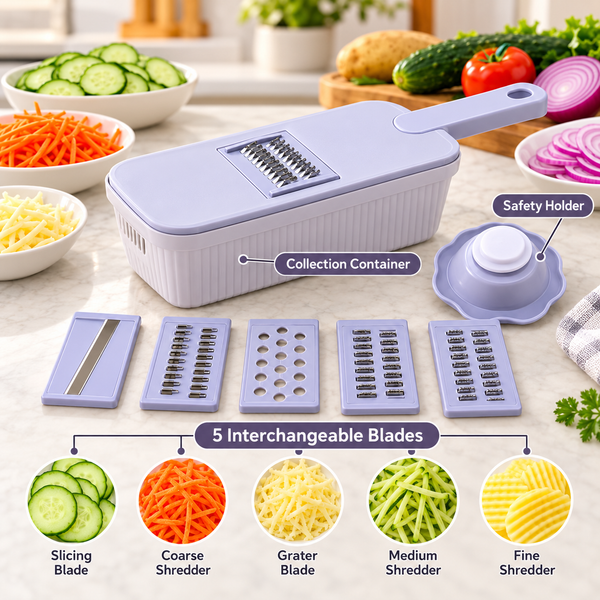Features and included parts of 5 blade vegetable slicer