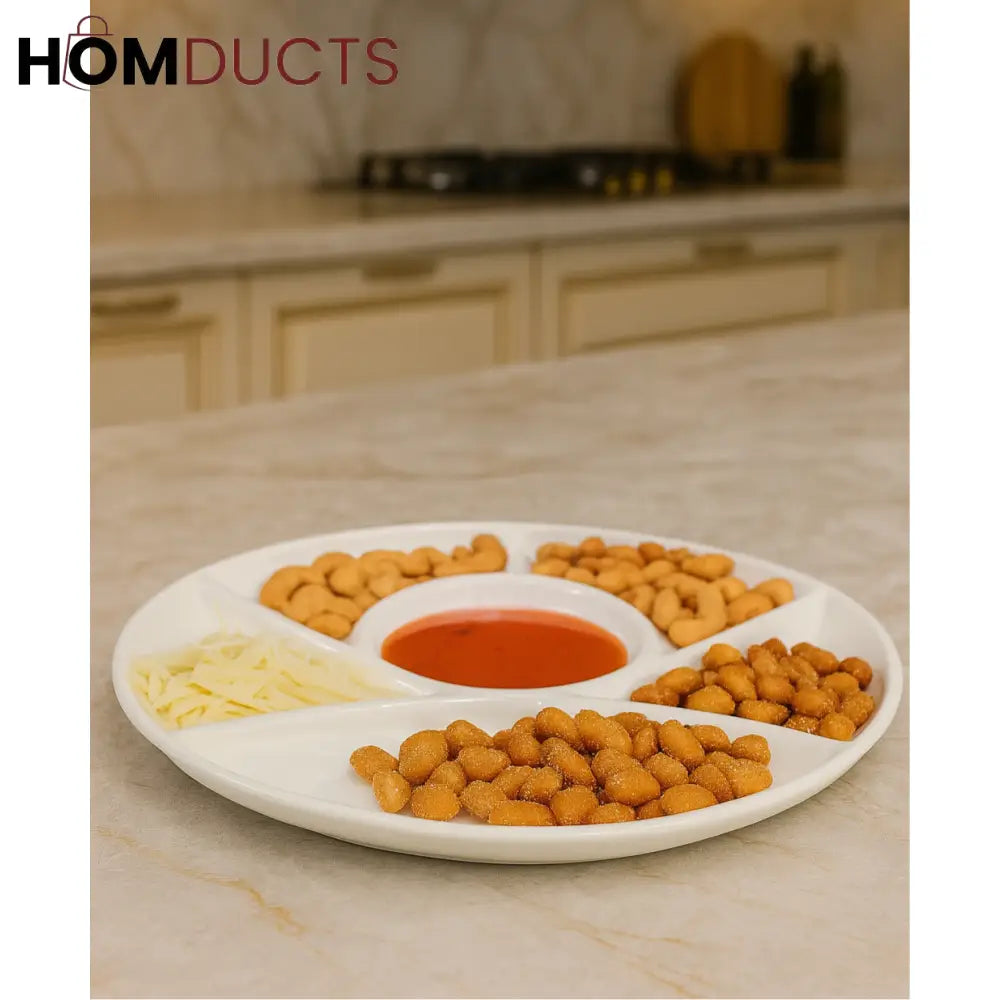 5-Compartment Round Snack Serving Plate – White Ceramic Sectioned Platter with Sauce Bowl