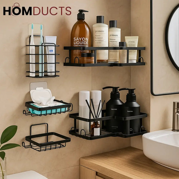 5-Piece Wall-Mounted Black Metal Bathroom Shelf Set – Rustproof Storage Organizer for Toiletries & Essentials