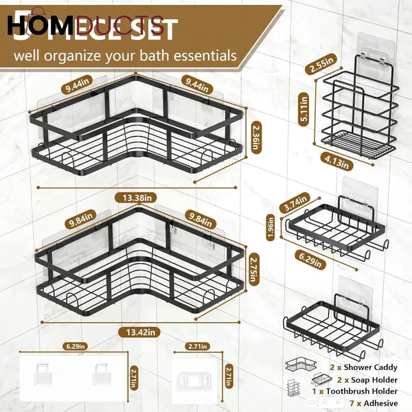 Set Of 5 Mesh Shower Shelves, Multipurpose Wall Storage Racks, Stainless Steel Bathroom Corner Baskets, Shower Basket for Hanging, Shampoo, Shower Gel, Soap Holder