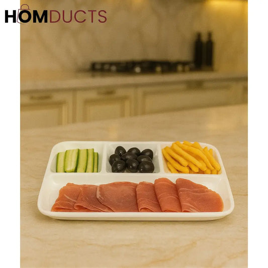 5-Section Rectangular Serving Platter – White Ceramic Snack Tray for Appetizers & Sides