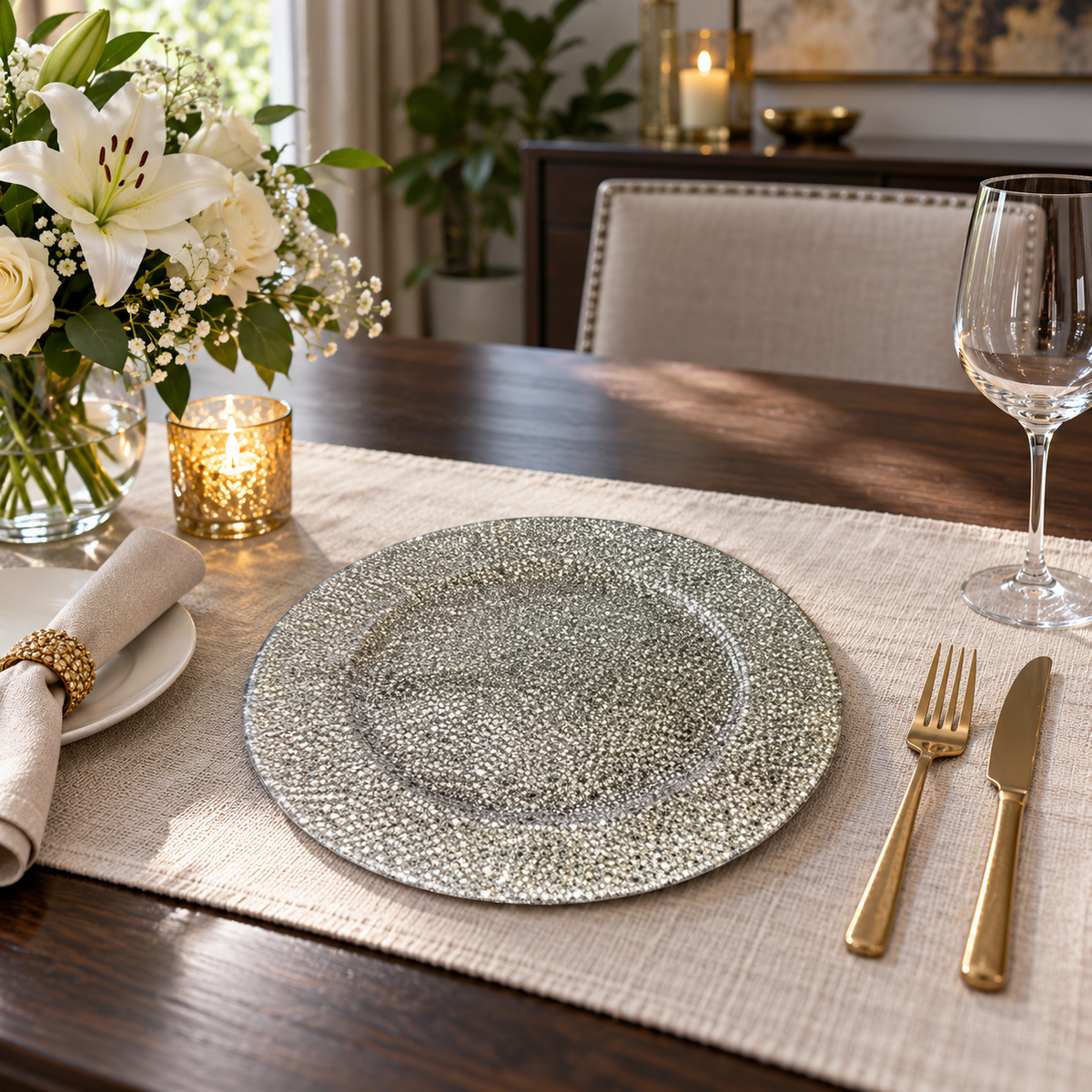 Silver textured round decorative charger plate on an elegant dining table