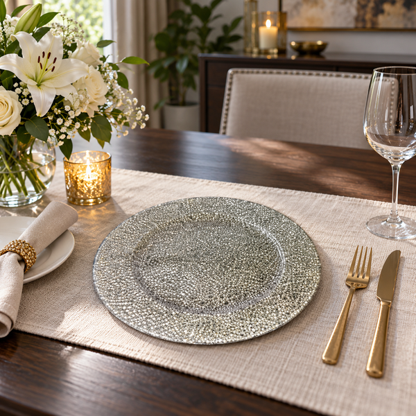 Silver textured round decorative charger plate on an elegant dining table