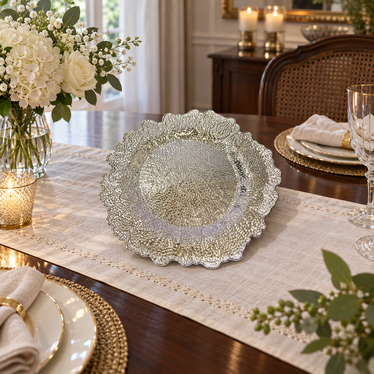 Ornate silver scalloped decorative charger plate