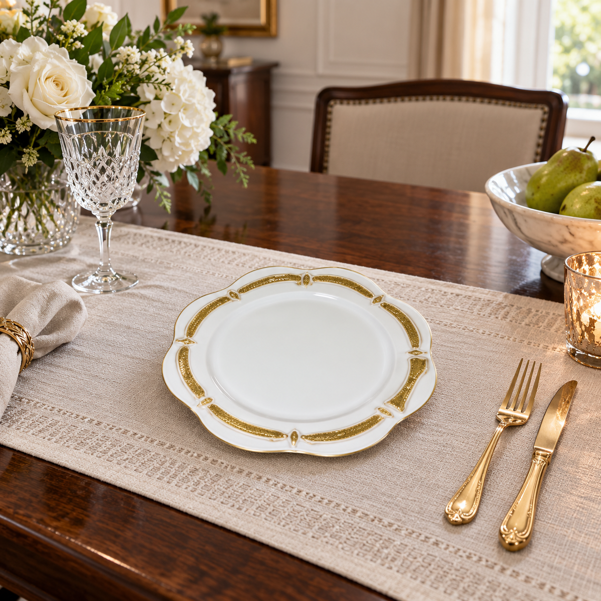 White scalloped decorative plate with gold trim