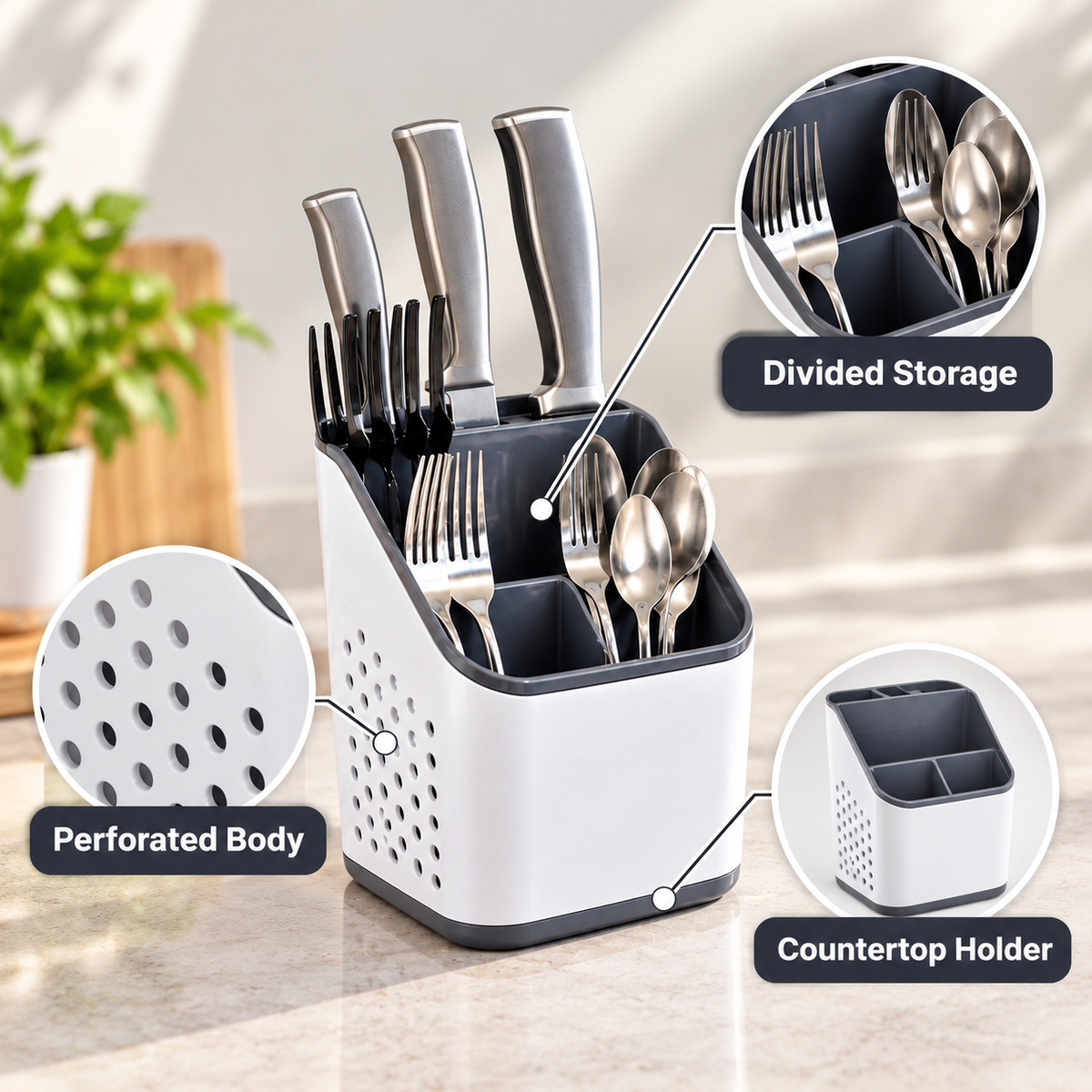 DecoBella Countertop Cutlery Holder feature infographic