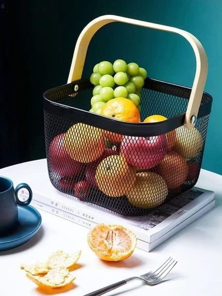 Modern Metal Mesh Fruit Basket with Wooden Handle – Stylish Kitchen Counter Storage for Fruits and Vegetables