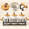 Ceramic tea coffee and sugar canister set with metal rack feature details