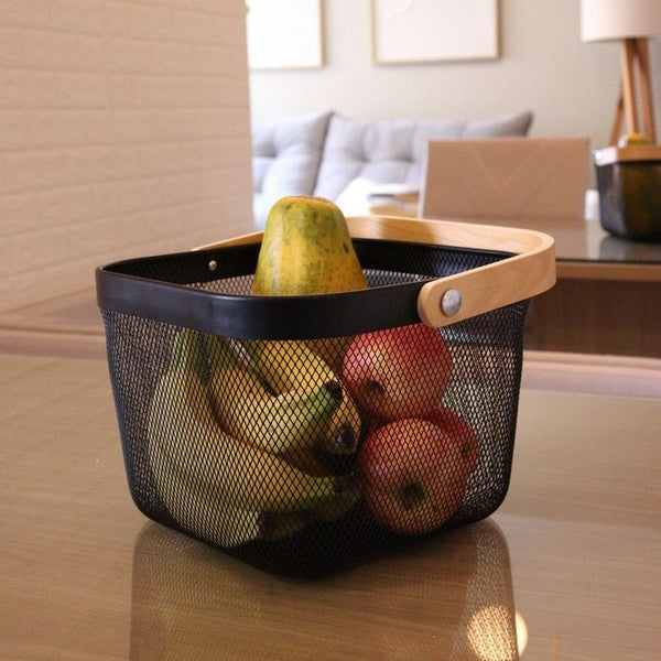Modern Metal Mesh Fruit Basket with Wooden Handle – Stylish Kitchen Counter Storage for Fruits and Vegetables