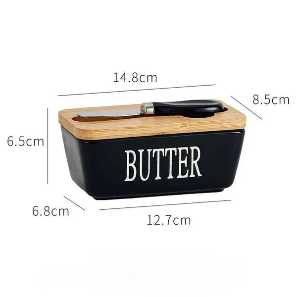 Ceramic Butter Dish with Wooden Lid & Knife Holder