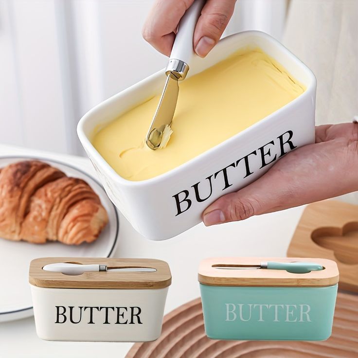 Ceramic Butter Dish with Wooden Lid & Knife Holder